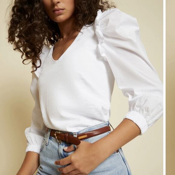 Nation LTD Remi Prim Combo Tee Size XS V-Neck Top Chic Ruffle Puff Sleeve White - Picture 1 of 10